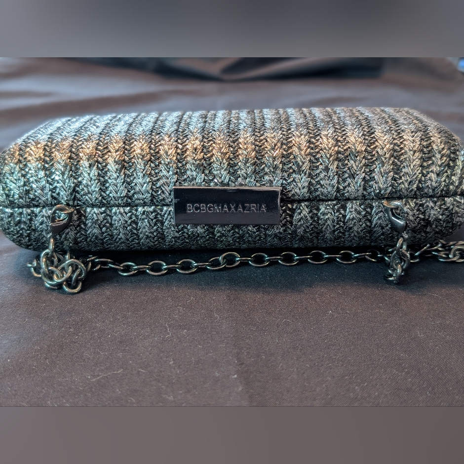 Bcbgmaxazria Black And Metallic Gray Tweed Clutch.